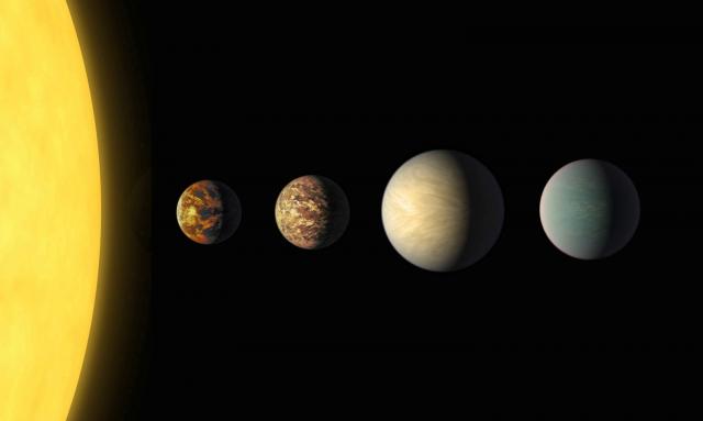 画像：主星である恒星と4つの惑星が左から順に並んでいる様子の解説画像