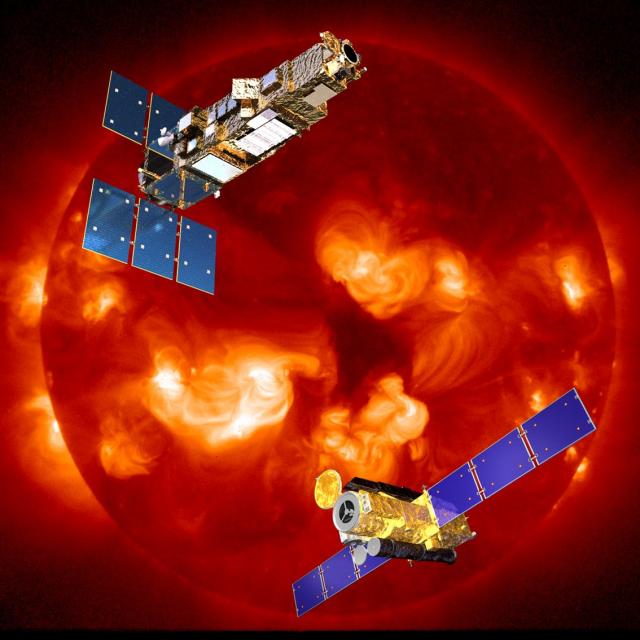 画像：太陽の周りをそれぞれ衛星等が飛んでいる様子の写真