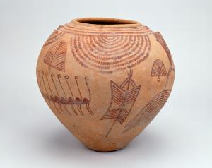 画像：展示品、鳥文四耳壺の写真（拡大画像へのリンク）