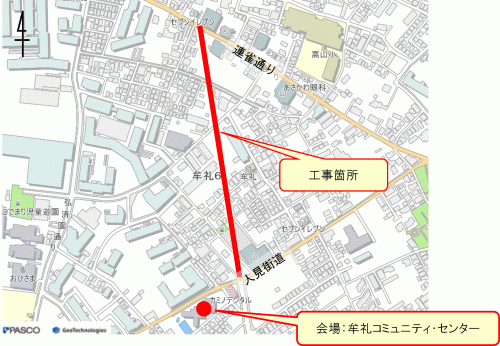 画像：工事箇所及び説明会場を示した地図（拡大画像へのリンク）