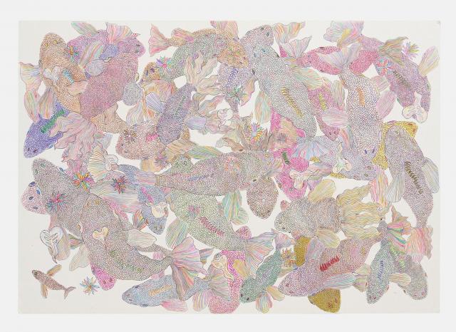 画像：2025年度のみたかコレクションの作品の1つであるペンネームタマちゃんの作品名「なかよくおよぐ魚たち」の画像