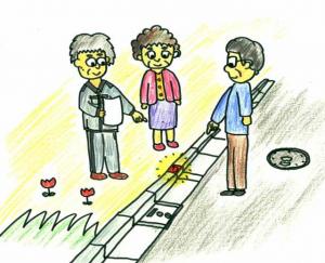 画像：官民境界を土地所有者と市で確認しあう様子のイラスト（拡大画像へのリンク）
