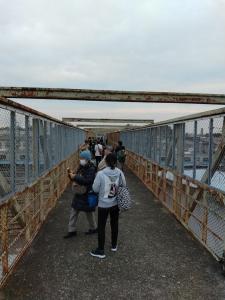 画像：三鷹こ線人道橋（こ線橋）で過ごす人々（拡大画像へのリンク）