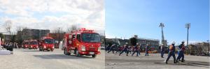 画像：消防ポンプ自動車による分列行進及び消防操法演技披露の様子（拡大画像へのリンク）