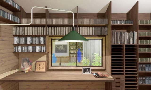 画像：窓を囲む天井までの本棚と、窓からの光が差し込む机