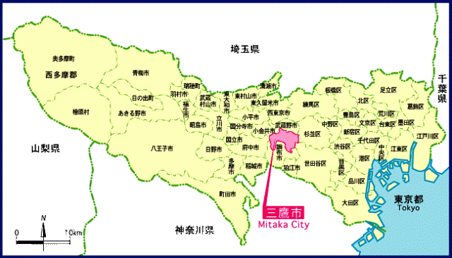 画像：東京都の市区町村が記載された地図で、三鷹市の場所が赤く表示されている