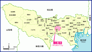 画像：東京都の市区町村が記載された地図で、三鷹市の場所が赤く表示されている（拡大画像へのリンク）