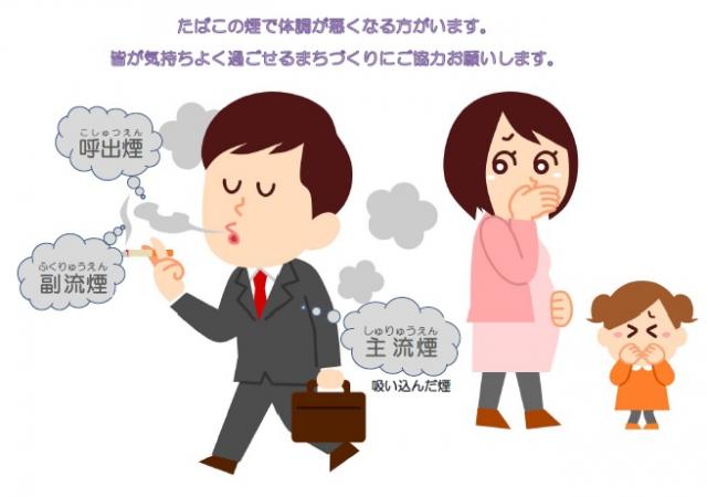 画像：たばこの煙から立ち上る煙に、周囲の人が迷惑している様子