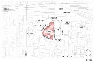 画像：三鷹駅南口西側中央地区再開発事業の位置を示した案内図（拡大画像へのリンク）