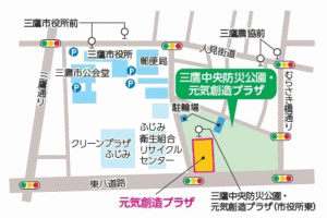 画像：三鷹中央防災公園・元気創造プラザ周辺の主な道路や施設を記載した地図（拡大画像へのリンク）