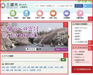 画像：三鷹市ホームページトップページ（上段）の画面構成（拡大画像へのリンク）