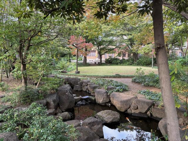画像：有三記念公園の池から記念館を見たところ
