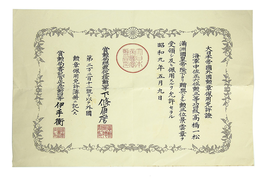 大日本帝國外國勲章佩用免許證