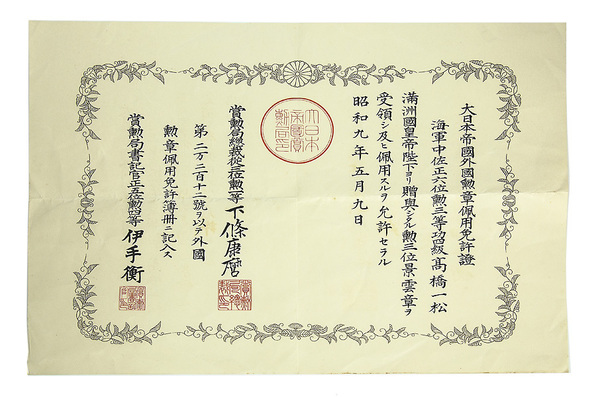 大日本帝國外國勲章佩用免許證