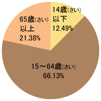 14歳以下 12.49%、15〜64歳 66.13%、65歳以上 21.38%